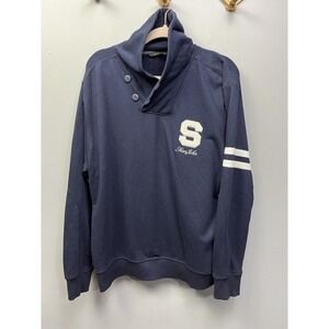 Sean John Sweater Mens XL Varsity Navy Blue button stitched Retro Cowl Neck